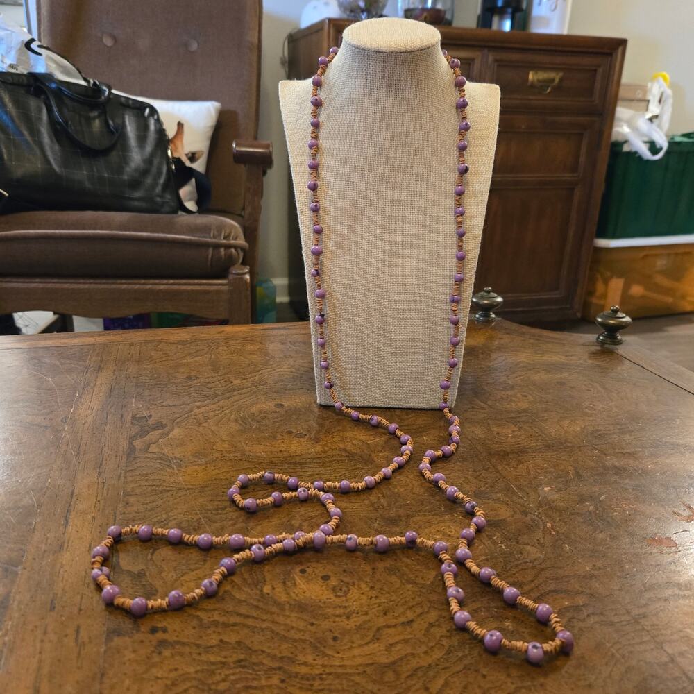 Vintage Long Natural Purple Bead Wood Heishe Beaded Boho Statement Necklace 67"